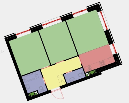 Трёхкомнатная квартира 55.7 м²